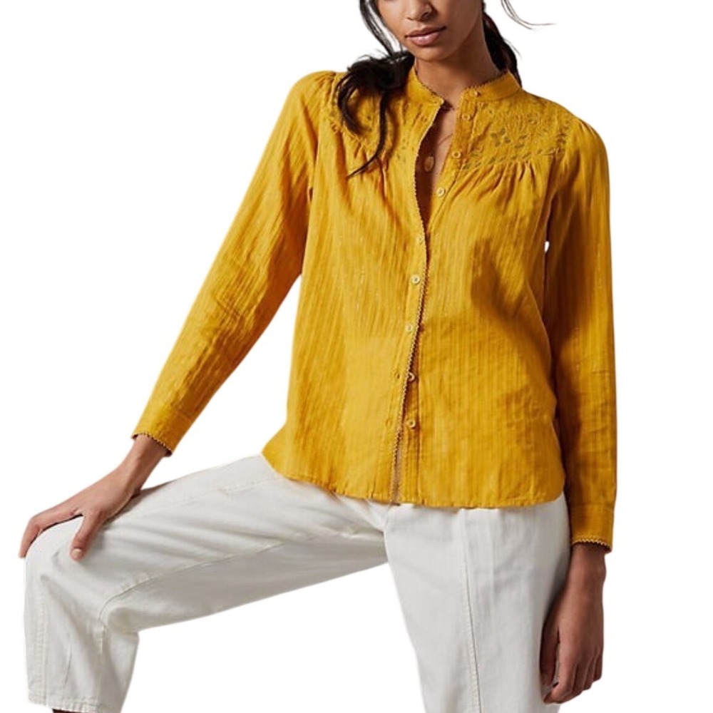 Pilcro Anthropologie Metallic Lace Blouse Mustard Romantic Prairie Boho Size 12